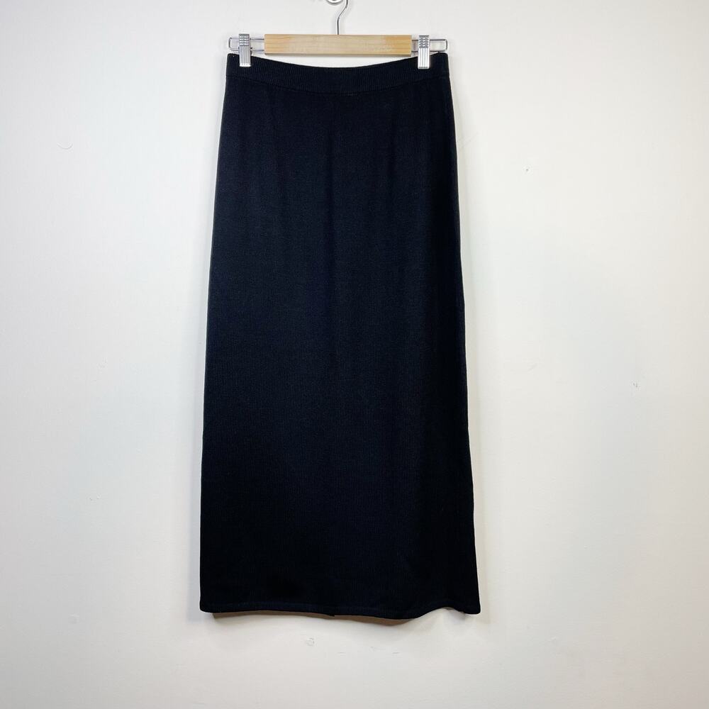 St John Basics Santana Knit Wool Blend Long Black Midi Skirt Back Slit womens 6